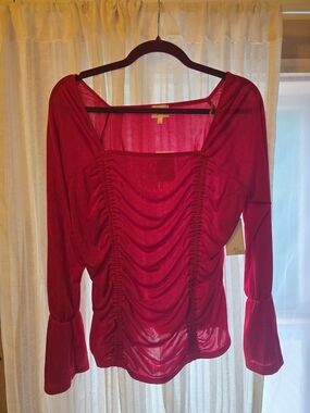 Ava James Red Ruched Square-Neck Long Sleeve Top